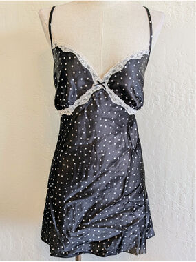 Black Polka Dot Slip Dress Lace Trim XL Coquette Y2K Lingerie Style Satin